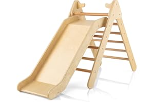 HOMASIS Triángulo de Escalada con tobogán Ajustable de Altura, Juguete triángulo con peldaños para deslizarse y trepar, Parque Infantil de Madera, para niños 1+ años (Natural)