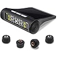 VeeDee Tire Pressure Monitoring Systems TPMS 6 Alarm Modes Wireless Solar Power, USB Charge with 4 External Sensors Real Time Pressure and Temperature Alarm Auto Safety Monitor for Car