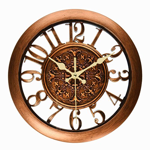 Foxtop 11-Zoll-Kupfer Farbe Antike Hohl European Style Retro Fashion kreative leise Wanduhr, arabischen Ziffer Anzeige, Mute Quarz-Digital-Wand-Taktgeber-Dekoration-Geschenk für Home Office (Copper1)