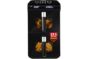 ‎LEHMANN LEHMANN XXL Heißluftfritteuse 2 Kammern 11L, Airfryer Doppelkammer mit 2 vertikale Schubladen, 13 Programme, 50–200°C, Touchdisplay, Antihaftbeschichtung, ölfrei Air Fryer für große Familie