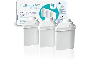 Pack 3 Filtros de Agua Alkanatur Drops Ecológicos - Depura Alcaliniza Hidrogena Ioniza - Elimina Cloro Metales Pesados Añade Magnesio pH 9 - Cartuchos Libres de Tóxicos - ALKANATUR