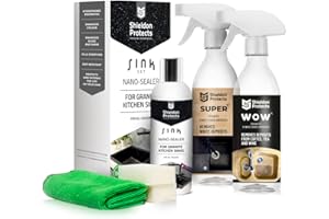 S SHIELDON PROTECTS Shieldon Protects Cleaning and Restorer Set for Granite and Composite Sink - Limescale remover + Stain Remover + Impregnator - Kitchen Sink Cleaner Set with 2 Sponges and Cloth