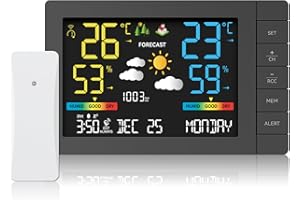 LEVIPE Estación Meteorológica Inalámbrica Con Pantalla LCD Color, Termómetro Higrómetro Barómetro Interior Exterior DCF, 12/24 H, Pronósticos, Temperatura Humedad, Lecturas Máximas/Mín, Calendario