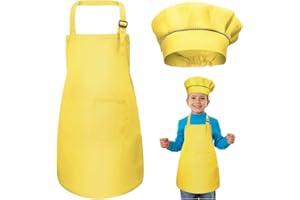 WEONE Kids Apron and Chef Hat Set, Adjustable Children Apron with 2 Pockets for Boys Girls, Toddler Chef Apron Kitchen Garden Bib Aprons for Cooking Baking Painting Crafting (7-13 Year)