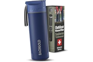 BACHGOLD® Botella filtro purificador para exterior [500ml] capacidad de filtrado 1500L I Elimina el 99,99 % de las bacterias y filtra microplásticos, partículas y cloro I Para situaciones críticas
