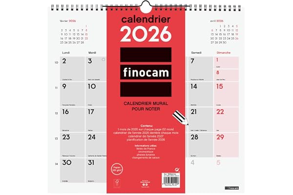 Finocam – Calendrier mural 2026 1 Mois par page Janvier – Décembre 2026 (12 mois) | Calendrier 2026 pour noter | Planificateur mensuel Neutre – Français