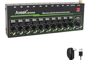 Aveek Mini Line Audio Mixer - Mixer audio piccolo a 10 canali con commutazione stereo/mono e funzionamento a basso rumore per sub-missaggio di precisione, ingresso/uscita TRS da 1/4", ideale per