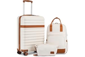KONO Set di valigie Valigia bagaglio a mano ABS+PC Hardshell Travel Trolley con serratura TSA e 4 ruote Spinner, Crema/Marrone, 20 Inch Luggage Set, Valigia da viaggio leggera con guscio rigido