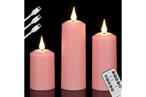 FREEPOWER 3 candele LED ricaricabili rosa con telecomando timer tremolante, luce bianca calda, dimmerabili, con cavo USB-Type-C, impermeabile, diametro 5 cm