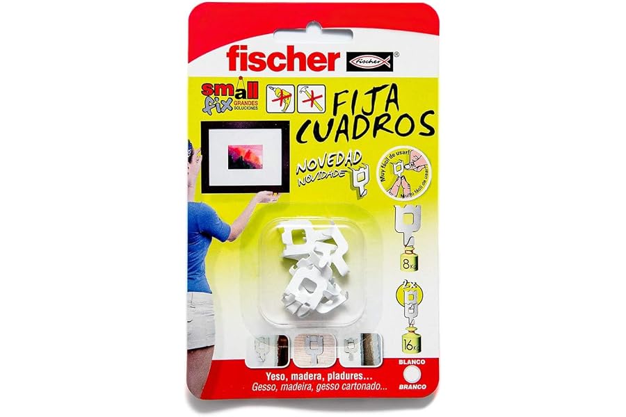 fischer - Fija Cuadros | Ganchos Reutilizables sin Agujeros | Hasta 8 Kg de Carga | Ideal para Yeso, Cartón Yeso y Madera | M