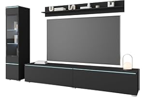 PIASKI Vera I, set di mobili da soggiorno, illuminazione a LED opzionale, set di mobili da soggiorno, diversi colori (nero opaco, con illuminazione a LED)