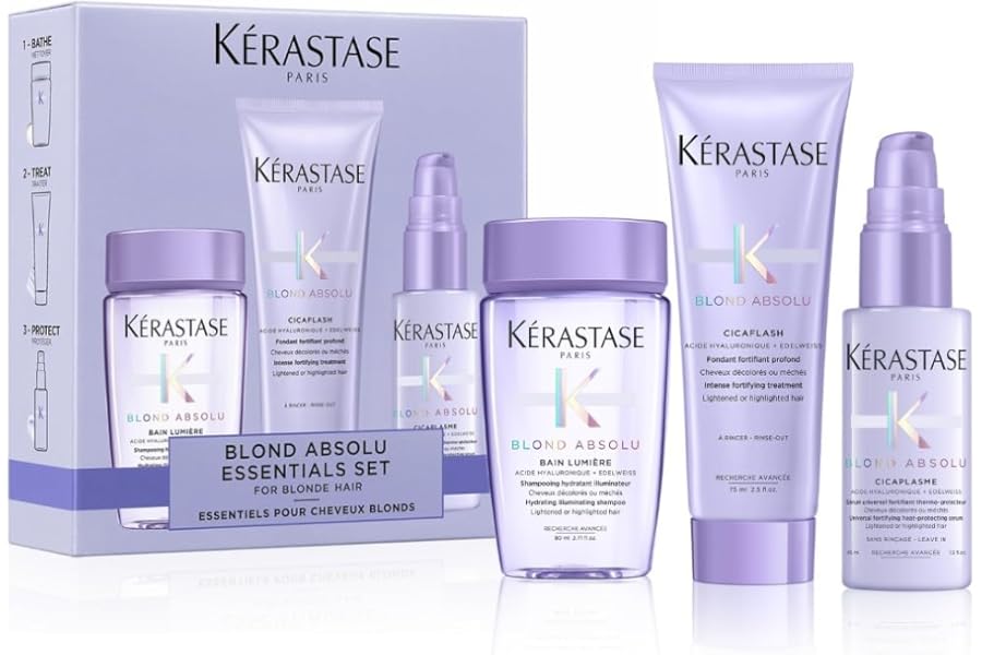 Kérastase Blond Absolu Discovery Set, With Illuminating Shampoo, Nourishing Conditioner and Fortifying Heat Protection Serum, With Hyaluronic Acid, For Blonde and Bleached Hair, Travel Size