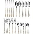 ANH MART Mirror Finish Silver Gold Plated Stainless Steel Flatware Set Copper Silverware Set Rose Gold Spoon Color Cutlery Set [Dinner Fork-Tea Spoon-Salad Spoon-Knife] Set of (Silver Gold, 20)