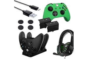 DRAGON SLAY Essential Player Pack for Xbox One includes Headset, Thumb Grips, Double Battery Pack, Charging Dock, Charge Cable, Green Controller Skin - Gaming Accessory Bundle Set Kit for Gamers