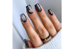 MouyouGlow Press on Nails Kurz,Square Schwarz Bling Schneeflocke Weihnachten Fake Nails Kunstnägel mit Nagelkleber,Winter Christmas Black Künstliche Fingernägel