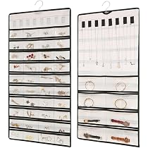 Organizer per Gioielli,Organizzatore di Gioielli da Appendere,Storage Doppia Faccia per Gioielli,Hanging Jewelry Organizer per Armadio,Doppia Faccia Porta Gioielli da Appendere con 48 Tasche(bianco