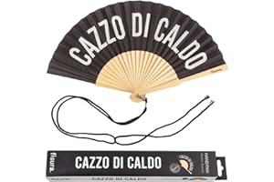 Fisura – Abanico original con mensaje “c*zzo di caldo”. Abanico de madera moderno y gracioso. Abanico negro y blanco. Medidas: 42,5 x 23 cm. Madera y textil.