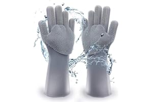 Anlising Gants de Nettoyage, Gants en Silicone avec Laveur réutilisables résistants à la Chaleur pour Cuisine, Vaisselle, Soins pour Animaux de Compagnie, Salle de Bains, Lavage de Voiture (Gris)