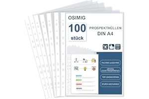 ‎OSIMIG OSIMIG 100 Stück Premium Klarsichtfolien A4 Document, Prospekthüllen A4 Polypropylene Punched Pockets Durchsichtige 11-Loch-Loseblatt Öffnung oben, Durchsichtige Wallets