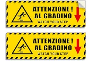 READYPRINT 2 Adesivi Attenzione al gradino, mis. 30x10 cm, in italiano e inglese, cartello in vinile, pittogramma sicurezza pericolo caduta, laminato antigraffio e anti UV, impermeabile lavabile.