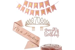 TSILIN Happy 70th Birthday Party Favor Supplies for Women,70th Birthday Sash and Tiara Crown Rose Gold Birthday Cake Topper Happy Birthday Banner,Gift For Women Birthday Party Decoration(70th)