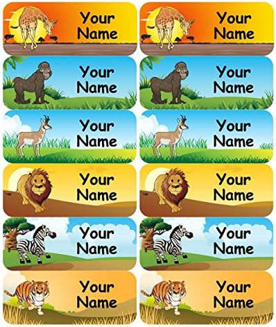 96 Personalised, Waterproof Medium Size Sticky Name Labels for Kids (50x20mm) - Animal Design