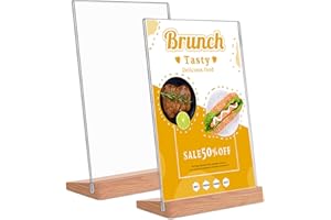 Andchi 2pcs Info Frame Display Stand Acrylic Sign Holders, L-Shape Table Stands Wooden Base Menu Holders for Restaurants, Office (A4 vertical)