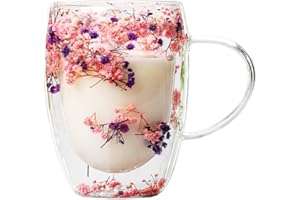 Genikeer Taza De Vidrio Transparente, Taza De Vidrio De Doble Pared con Flores Secas 350ml, Taza De Café Doble Cristal, Vasos Térmicos De De Doble Pared para Cafe Té Capuchino Jugo Espresso Latte
