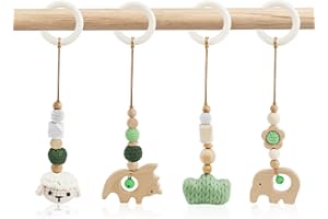 BINYI 4 Stück Spielbogen Baby Spielzeug ab 0 Monate Spielebogen Babies Toys Spielbögen Baby Gym Anhänger Holz für Mädchen Jungen Babyspielzeug für Babyschale Kinderwagen Autositz Spielzeug (Grün)