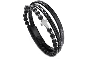 Oykrueats Bransoletka męska, czarna, krzyż, Jezus Chrystusa, męska bransoletka, zapięcie na magnes z naturalnego kamienia, skórzana bransoletka, regulowana bransoletka z krzyżem, dla mężczyzn