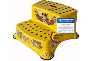 KiNDERWELT Sgabello Premium a due livelli per bambini e neonati, colore giallo, 2 gradini per bambini dai 3 anni in su, lavabile, antiscivolo e senza BPA
