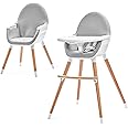 Kinderkraft Fini 2-in-1 High Chair, Baby Chair, Combination High Chair, Wooden Legs, Seat Belts, Footrest, Double Tray, from 6 Months to 5 Years, 5 Point Straps, Grey
