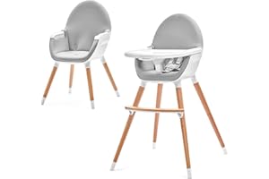Kinderkraft Fini 2-in-1 High Chair, Baby Chair, Combination High Chair, Wooden Legs, Seat Belts, Footrest, Double Tray, from 6 Months to 5 Years, 5 Point Straps, Grey