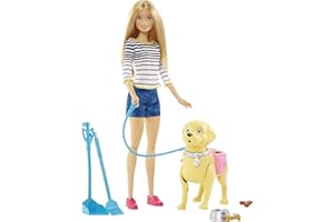 Barbie Walk and Potty Pup, Puppe mit blonden Haaren und laufendem Hund, Kotschaufel, Accessoires, inkl Puppe Hund, Geschenk für Kinder, Spielzeug ab 3 Jahre,DWJ68