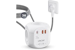 LENCENT Cube rallonge multiprise Fiche Plate Amélioré PD 20W 3M avec 4 Prises AC, 2 USB et 1 Type C, Surtensions pour rallonge électrique avec Interrupteur pour Maison, Cuisine, Bureau, Tressé Cable