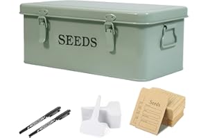 Gzsekken Seed Storage Box Organiser,Metal Seed Box with Safety Lock Lids,4 Compartment Flower Packet Container with 2 Pens, 20 Plant Labels and Envelope, Garden Seed Saving Tin for Gardening Gifts