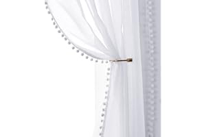 TREATMENTEX Snow White Sheer Curtains 52 x 90 Inch Bedroom Decorative Pompom Trimmed Voile Window Curtain for Living Room Light Weight Linen Look Solid Pencil Pleat Curtains for Apartment/Hotel Dorm 2 Panels