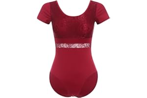 IDOPIP Women's Turtleneck Ballet Dance Leotard Floral Lace Short Sleeve Backless Athletic Gymnastics Leotards with Removeable Padded Dancewear