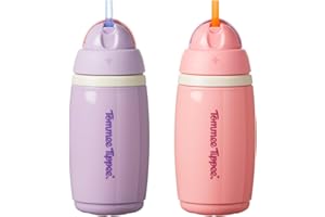 Tommee Tippee Tazza Termica con Cannuccia Flessibile, 266 ml, Borraccia Antigoccia per Bambini dai 12 Mesi in Su, con Chiusura a Scatto per Tenere la Cannuccia Pulita, Rosa e Viola, Confezione da 2