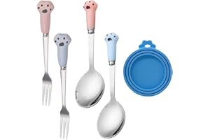 HDGSAFD 2 Cucharas con Forma De Pata De Gato, 2 Tenedores con Forma De Pata De Gato, 1 Tapa De Lata, Cubiertos De Acero Inoxidable, Cucharas Y Tenedores para Comida De Mascotas