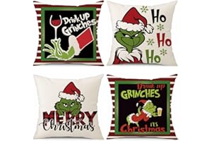 Ohok 4er Set Dekorativ Kissenbezug 45x45 cm, Polyester Leinen Zierkissenbezüge Weihnachten Grinch Kissenbezüge Dekor Kissenhülle Set für Schlafzimmer Wohnzimmer Sofa Couch Auto (Drink Up)