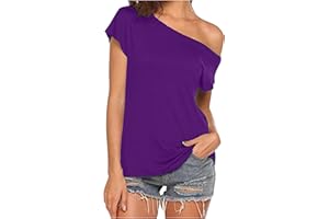 IQYU Camiseta de verano para mujer, elegante, sexy, manga corta, monocolor, holgada, tallas grandes, camiseta larga, camiseta de hombros descubiertos, sudadera, blusa, túnica, camiseta básica