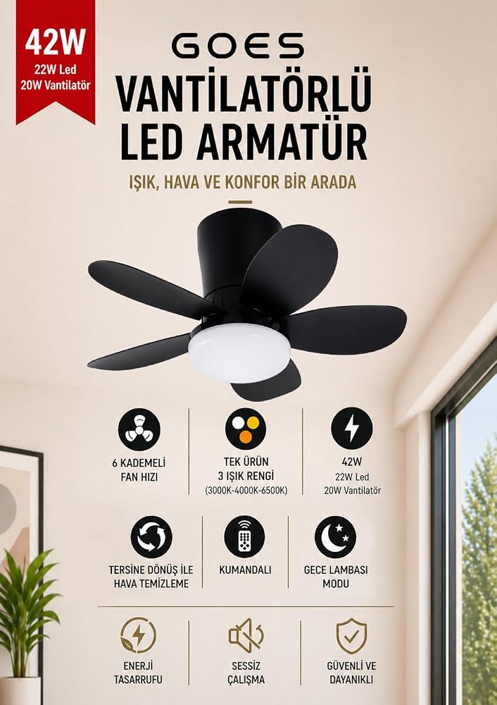42W Tavan Vantilatörü LED Avize 64cm 5 Kanat 6 Kademeli Fan Ters Dönüş ve Gece Lambası Modu ile Uzaktan Kumandalı Siyah