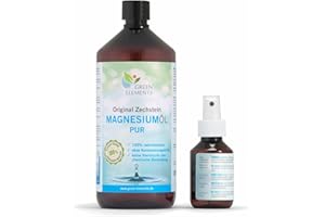 GREEN ELEMENTS Zechstein Magnesium-Öl PUR - Set aus 1000 ml Natursole + 100 ml Sprühflasche in Braunflaschen