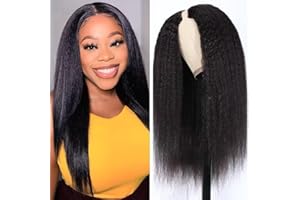 EMOL V Part Glueless Wig Kinky Straight Human Hair Wigs No Leave Out Upgraded U Part Wigs For Women 150% Density Brazilian Yaki Straight Human Hair Wig V Shape Clip In Wigs Natural Black Color 14 Inch