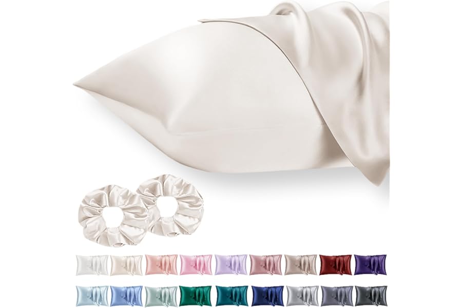 Vielit 2 Pack Satin Pillowcase for Hair and Skin Cooling,Soft as Silk Pillowcase for Hair and Skin,Easier Care than Silk Pillow Case Beige 50x75cm Gifts for Women Envelope & 2 Scrunchies