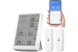 Chatthen Termometro Wifi, Higrometro Termometro Exterior, Higrometro Digital Rango Inalámbrico de 100M, Almacenamiento y Calibración de Datos, Termometro Digital casa 2 Sensores y 1 Estación Base