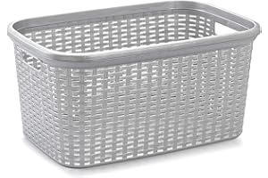 ACAN Tradineur - Cesta Rattan para la Colada Rectangular estilo Mimbre, Pongo todo de Plástico, para ropa, Capacidad de 35 Litros, Color a elegir, 53,5 x 36 x 26,5 cm (Color Plata)