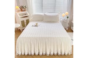 Zhiyuan Plaid Quilted Brocade Cotton Bedspread with Lace Ruffle Bed Skirt, 150 x 200 cm + Frill 40cm approx, Beige