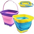 GLGHMH 2pcs Foldable Beach Buckets, Beach Play Sand Pail Buckets with Handle for Kids, Outdoor Summer Collapsible Buckets for Sand Beach Camping (Pink-Purple+Blue-Yellow)